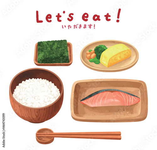 和食の朝ごはんの水彩風イラストセット　生成AI