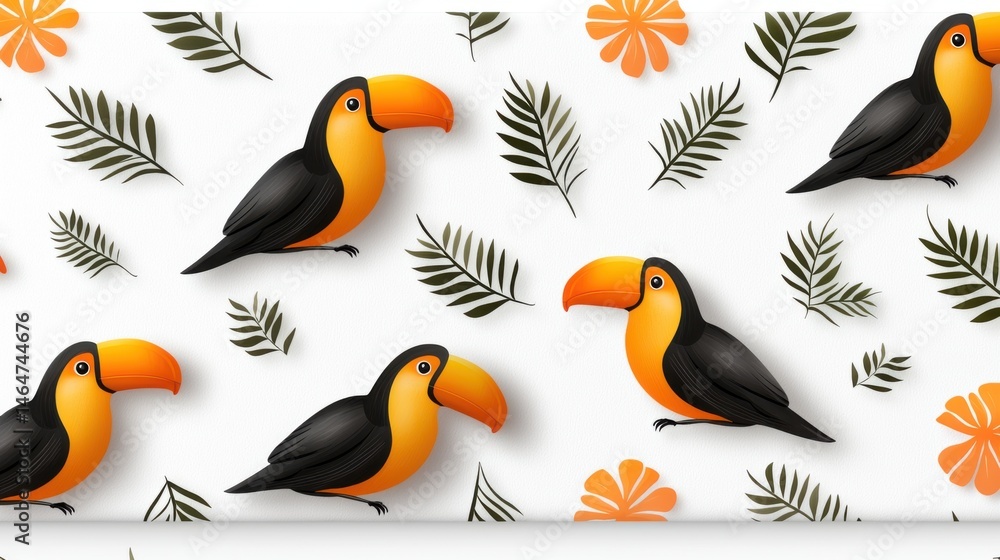 Fototapeta premium Tropical Toucan Seamless Pattern: Birds & Leaves
