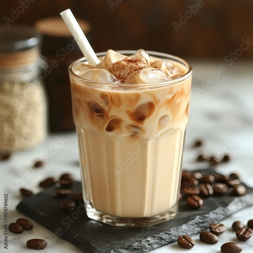 Iced Coffee in a Glass with Ice Cubes and Coffee Beans