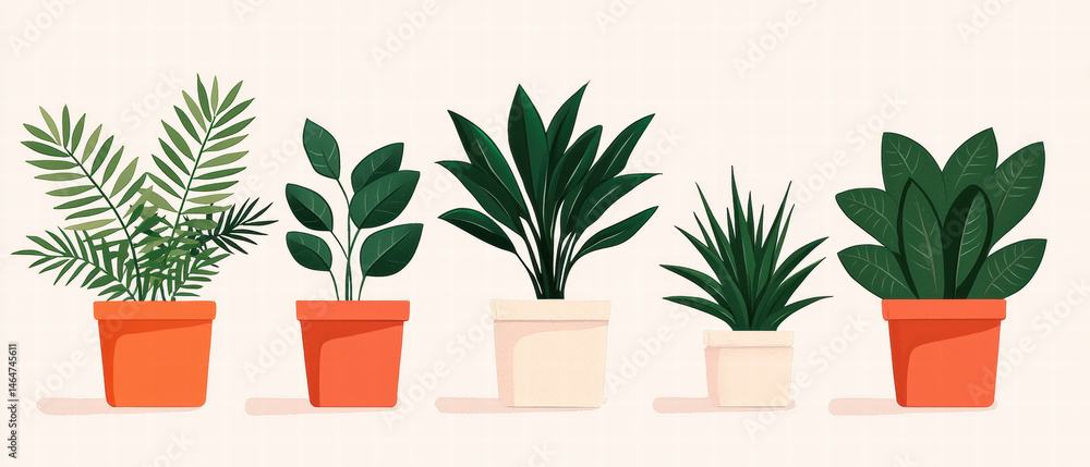 Obraz premium Isolated green potted plants with various leaf shapes on white background in row
