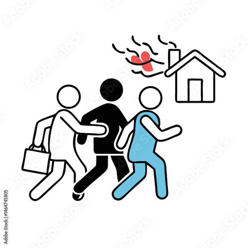 Colorful illustration of people evacuating from a house in an emergency situation on a white background
