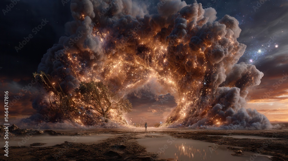 Fototapeta premium Mysterious portal glows amid surreal landscape with clouds and golden light during twilight