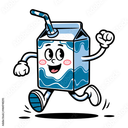 Happy cartoon milk box character running with joy and excitement on white background