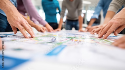 Many hands examining a large detailed map.