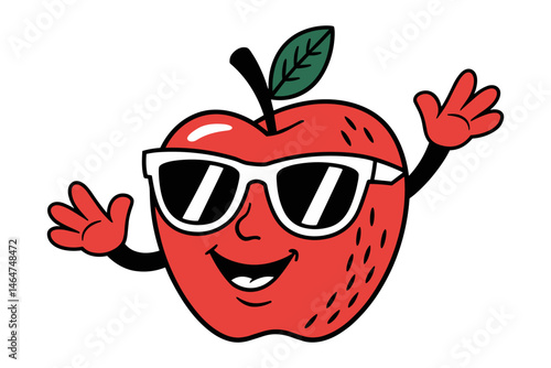 Cheerful retro apple character wearing sunglasses, spreading joy in a playful cartoon vector style