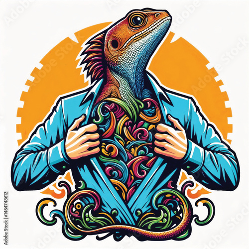 Lizard character revealing vibrant patterns in a suit against bright background  