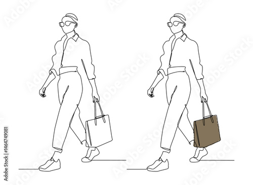 Modern stylish woman walking with big bag, drawn in minimalist continuous line art style. Fashionable and elegant figure wearing casual yet trendy clothes.