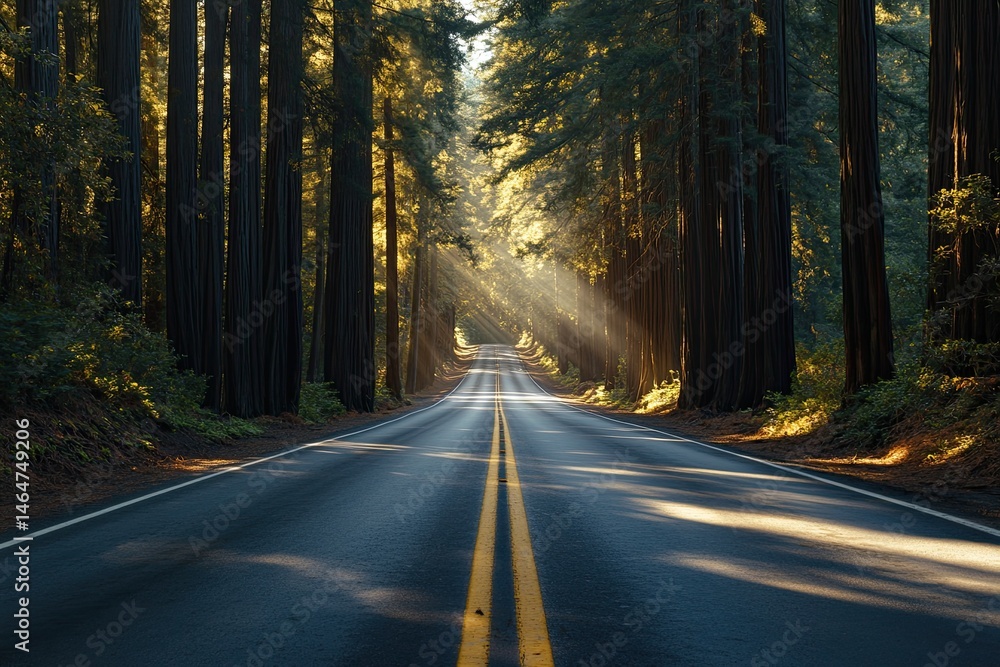 Obraz premium Sunlight streams down a forest road