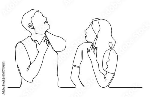 Minimalist single line drawing of a man and woman feeling hot or suffering from heatstroke. They appear to be sweating or uncomfortable due to the high temperature