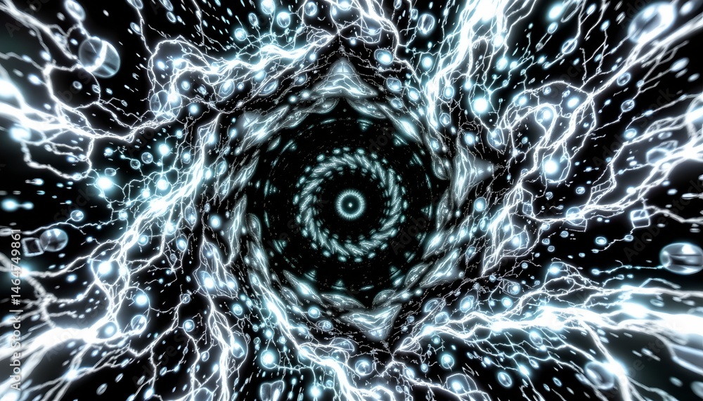 Abstract swirling vortex with dynamic energy, glowing lights, and bubbles on a dark background for creative visual projects