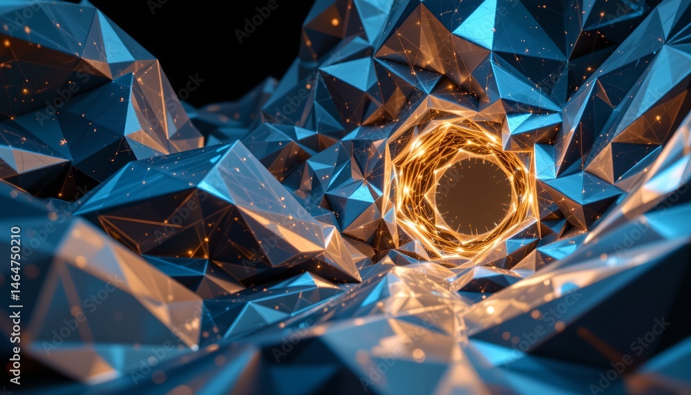 Abstract 3D Polygonal Structure with Glowing Tunnel and Bright Elements in Futuristic Style