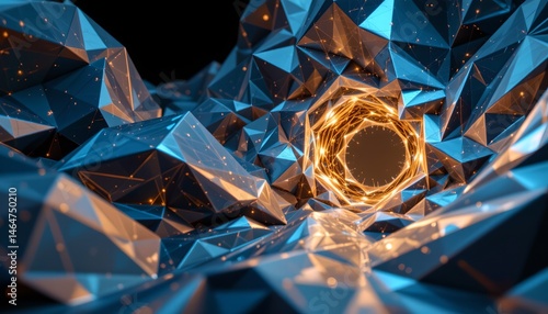 Obraz na płótnie Abstract 3D Polygonal Structure with Glowing Tunnel and Bright Elements in Futuristic Style w salonie