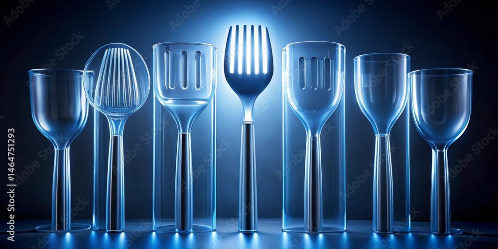 Fototapeta premium Illuminated Culinary Utensils in Glass Enclosures A Study in Transparency and Form