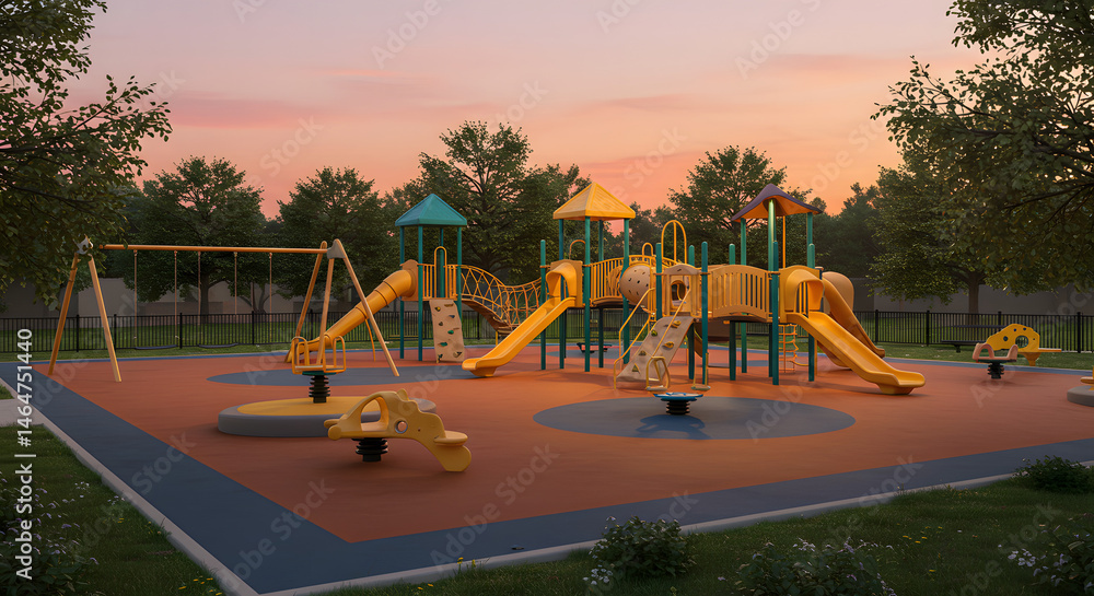 Fototapeta premium Colorful playground with swings and slides at sunset