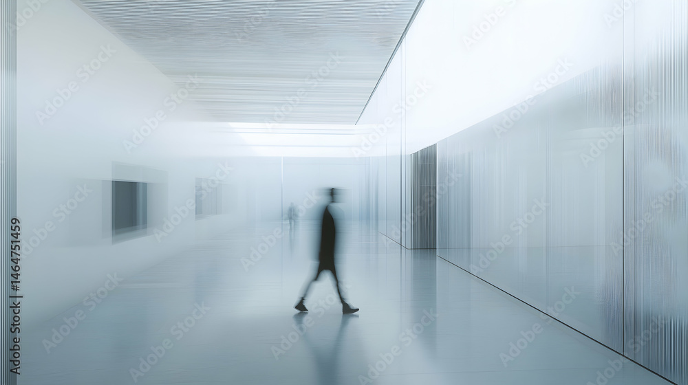 Fototapeta premium A blurry figure walks down a long hallway in a minimalist modern building.
