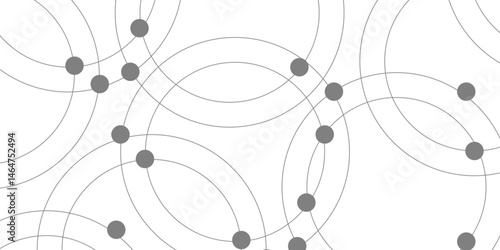 Abstract connecting dots and circles. Pattern of multiple overlapping circles and solid grey dots on a white background. Arcs and circular outlines with geometric grid with a random scatter of dots. 
