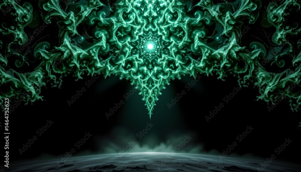 Intricate Green Fractal Design Illustrating Cosmic Depths and Celestial Patterns in Abstract Art Form