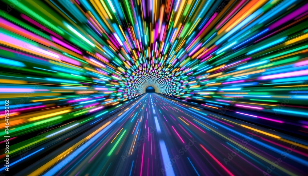 Vibrant Light Tunnel with Speeding Motion Blurs in Multicolor Hues Creating an Illusion of Speed and Depth