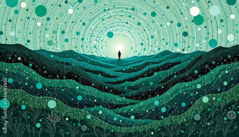 Abstract Landscape of Serenity with Curved Mountains and Soothing Green Tones under a Circular Radiating Sky