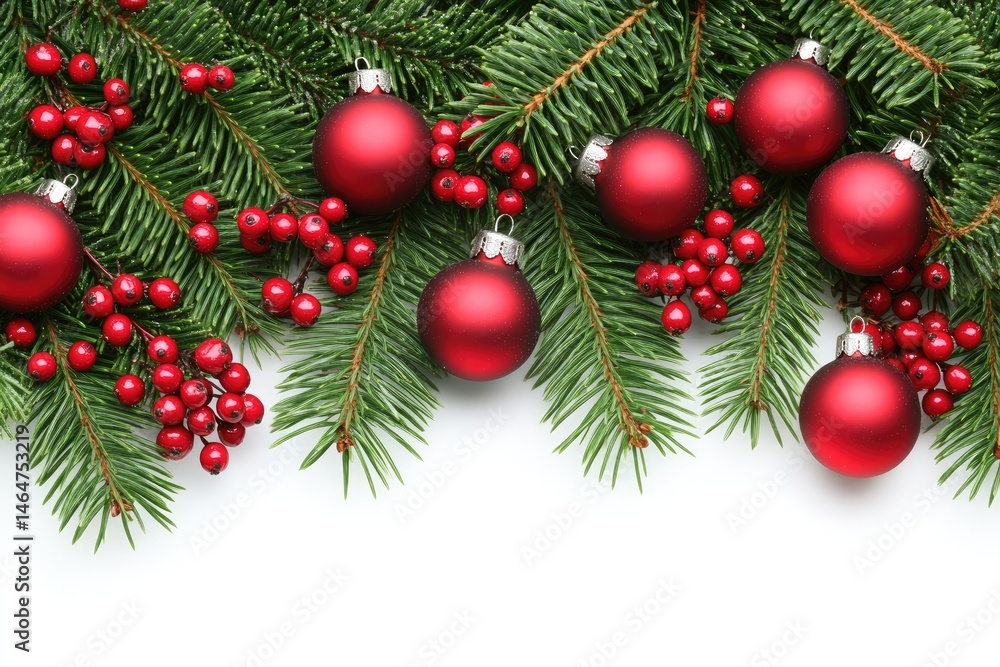 Fototapeta premium Christmas border with red ornaments and berries on evergreen branches
