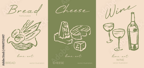Gourmet poster, bread in basket, cheese and wine, line art hand drawn illustration