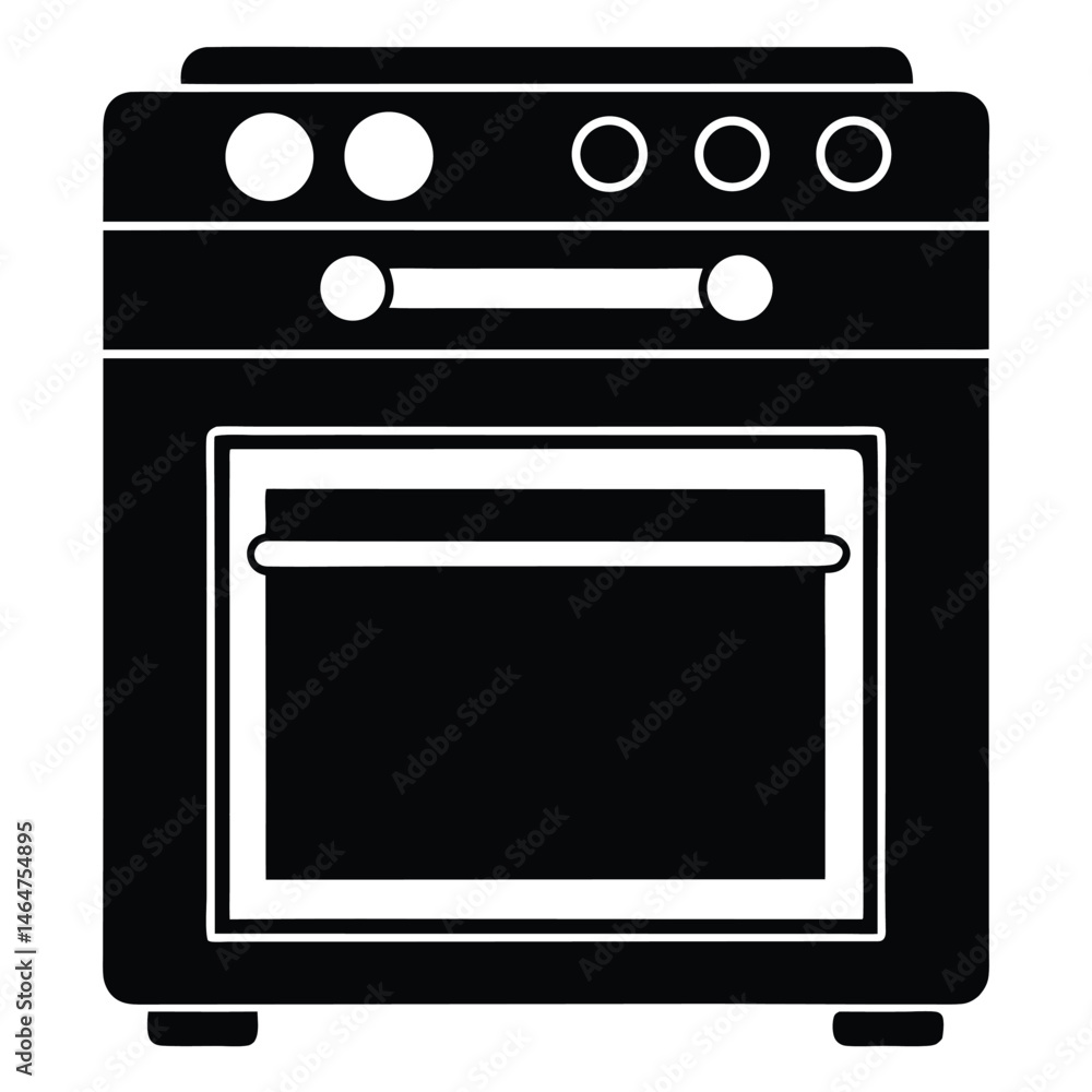 Black silhouette depicts a kitchen stove with knobs and oven door detailed clearly Black silhouette depicts a kitchen stove with knobs and oven door detailed clearly