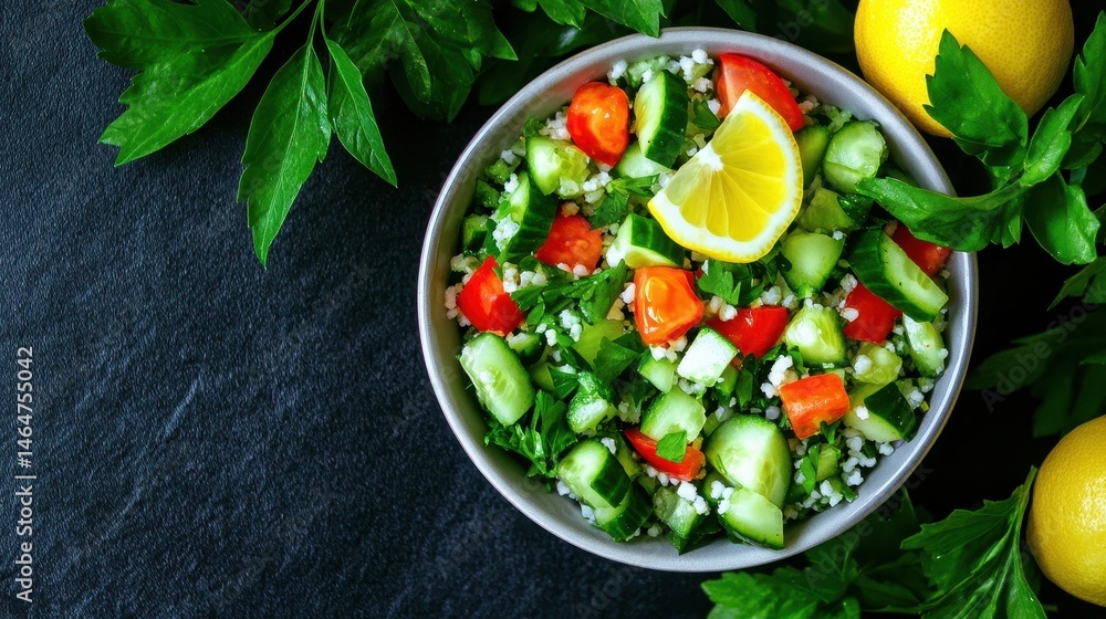 Fresh vegetable salad with cucumbers, tomatoes, herbs, and lemon in a bowl, surrounded by leafy greens and lemons on a dark background. Fresh vegetable salad with cucumbers, tomatoes, herbs, and lemon in a bowl, surrounded by leafy greens and lemons on a dark background.