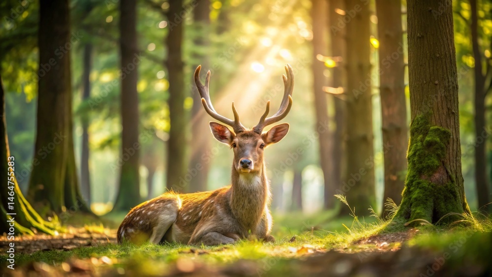 Majestic Deer in a Sun-Dappled Forest, Resting Serene Amidst Ancient Trees Majestic Deer in a Sun-Dappled Forest, Resting Serene Amidst Ancient Trees