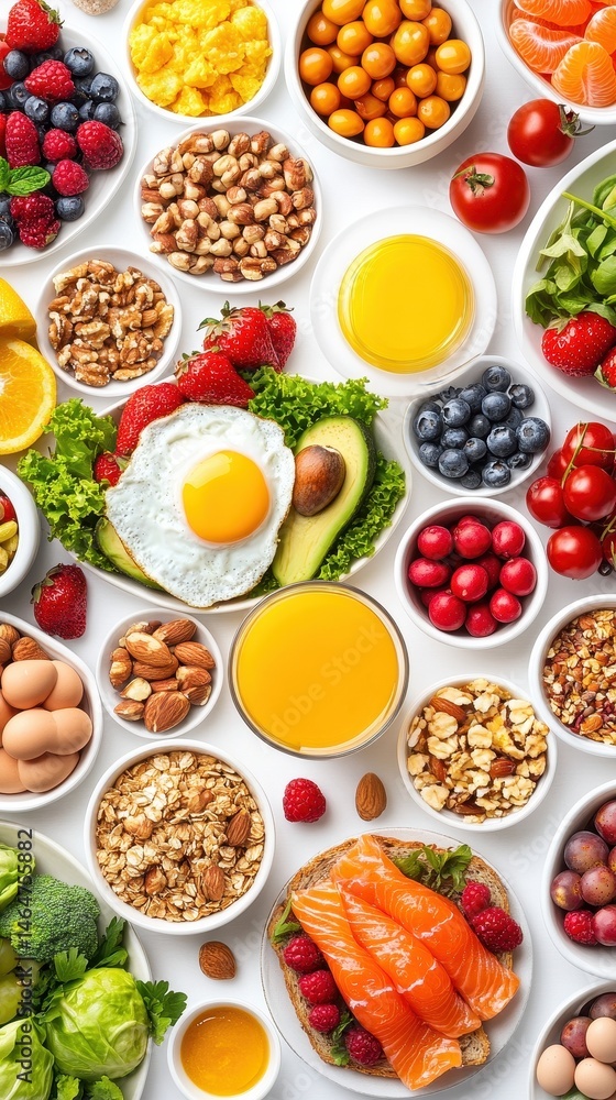 A vibrant assortment of healthy breakfast foods including fruits, eggs, nuts, juice, salmon, vegetables, and grains arranged on a white surface. A vibrant assortment of healthy breakfast foods including fruits, eggs, nuts, juice, salmon, vegetables, and grains arranged on a white surface.