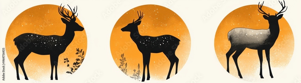Three deer silhouettes sunset background autumn design Three deer silhouettes sunset background autumn design