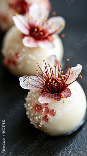 Elegant white chocolate dessert with edible flowers on dark background