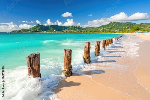 Fototapeta Naklejka Na Ścianę i Meble -  Tranquil Caribbean beach with turquoise water, wooden breakwater, and lush mountains in the background. Gentle waves lap on the shore