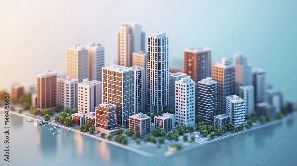 A modern cityscape with skyscrapers, trees, and waterfront. A modern cityscape with skyscrapers, trees, and waterfront.