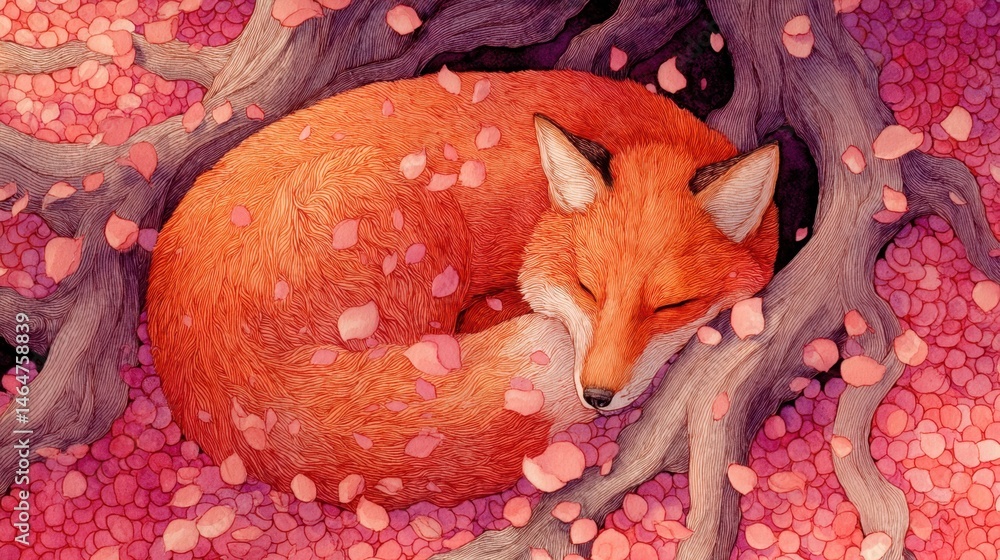 Peaceful sleeping fox among cherry blossom petals in serene nature scene