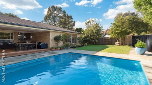 Wallpaper Mural A large house with a pool and a patio. The pool is surrounded by a white deck and has a blue tarpaulin. The patio has a few chairs and a dining table. The house is surrounded by trees and bushes Torontodigital.ca