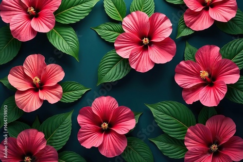 Wallpaper Mural Vibrant hibiscus blooms, lush green leaves, repeating pattern , illustration, exotic, pink Torontodigital.ca