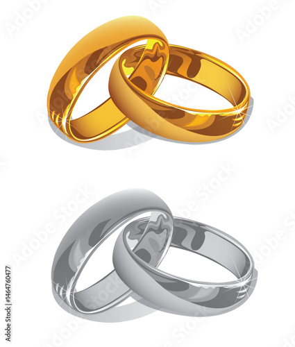 Two golden wedding rings, a symbol of love and marriage, isolated on white