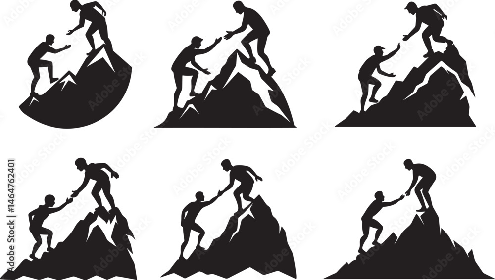 custom made wallpaper toronto digitalset of helping friend reach the mountain silhouette, black and white silhouette, vector and illustration
