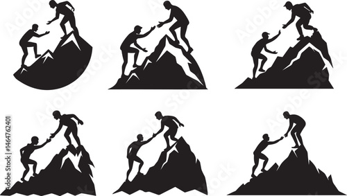 Wallpaper Mural set of helping friend reach the mountain silhouette, black and white silhouette, vector and illustration Torontodigital.ca