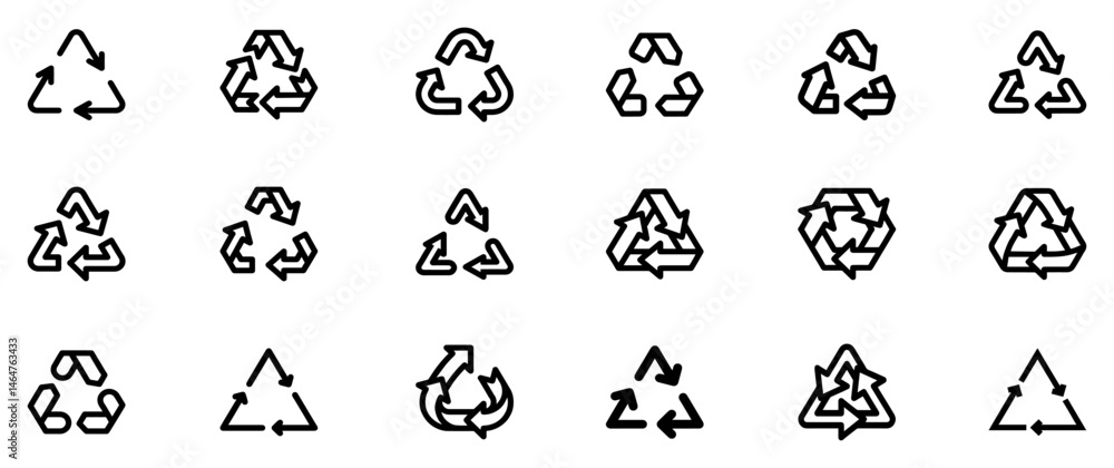 Naklejka premium Recycle vector icon set. Arrows, heart and leaf recycle eco green symbol. Rounded angles. Recycled signs illustration isolated on white background. Recycling arrow ecofriendly. Vector Illustration.