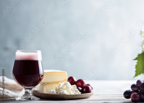 Cherry beer glass with brie, camembert cheese, and grapes on light background