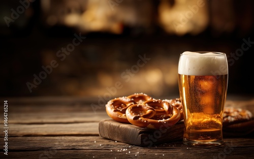 Beer glass with salty pretzels in rustic interior