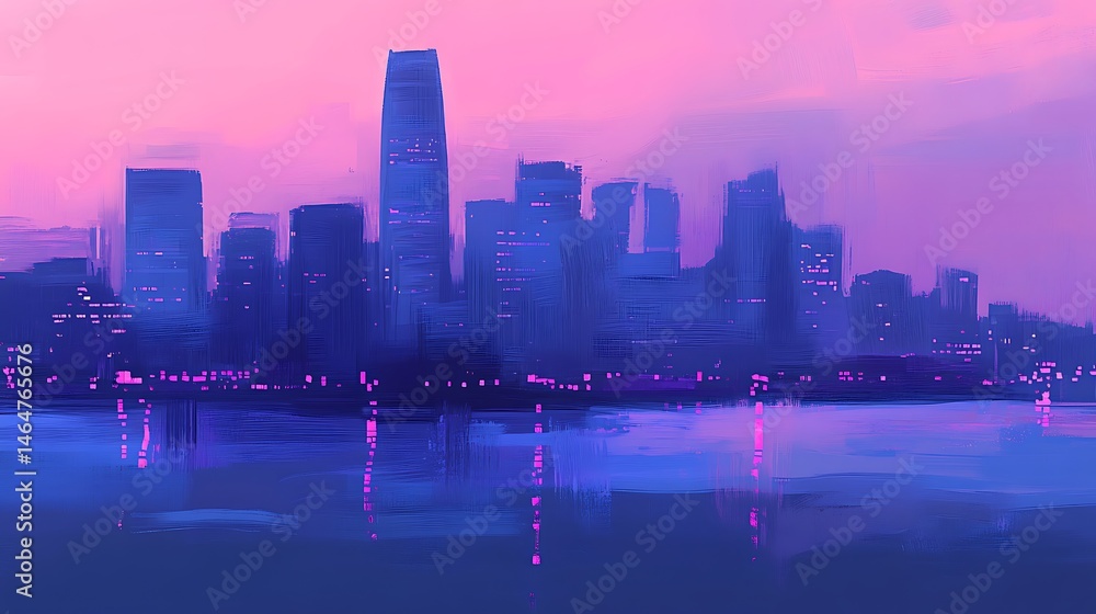 Fototapeta premium Abstract skyline cityscape with colorful gradient and water reflection
