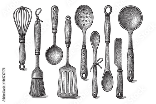 kitchen utensils set woodcut engraving vector illustration