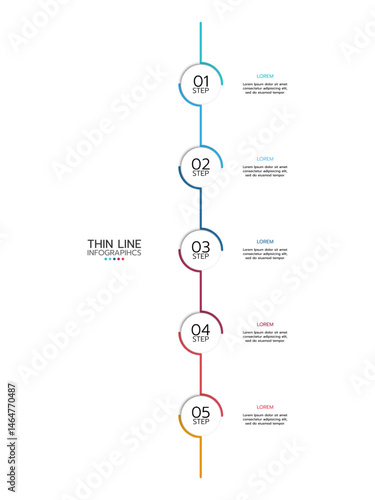 Thin line infographic template featuring five vertical, numbered semi-circles connected by a line with a gradient from blue to red. Each semi-circle is labeled "STEP". Vector illustration.