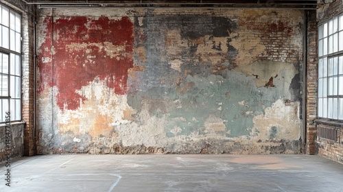 Grungy industrial room with distressed brick wall and large windows red old aged worn grey blue loft
