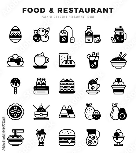 Set of Food and Restaurant Icons. Simple Lineal Filled art style icons pack.