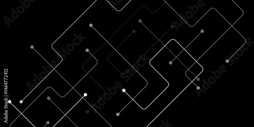 Abstract geometric background in the form of different rectangles. black and white image of a grid of lines with a lot of white dots. Geometric minimalist circuit structure cybernetic concept. 