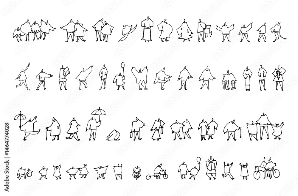 Obraz premium Hand-drawn sketch style people illustrations designed for architectural presentations, urban planning, and landscape design. Poses of people walking, sitting, biking in outdoor activities.