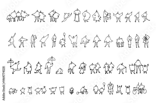 Hand-drawn sketch style people illustrations designed for architectural presentations, urban planning, and landscape design. Poses of people walking, sitting, biking in outdoor activities.